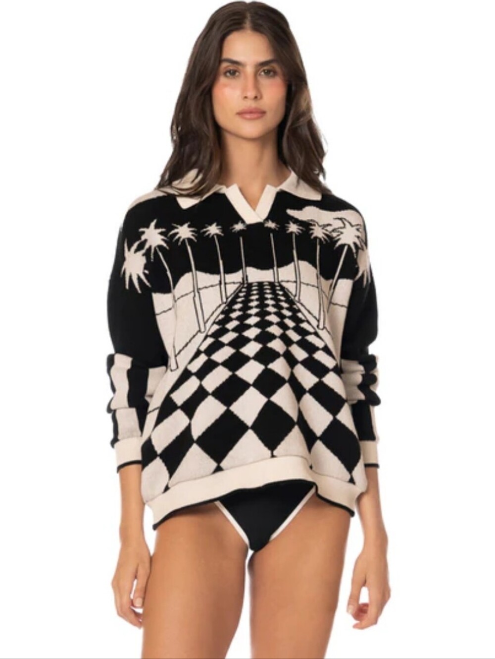 Black and Cream Graphic Palm-Check Knit Sweater. size M.